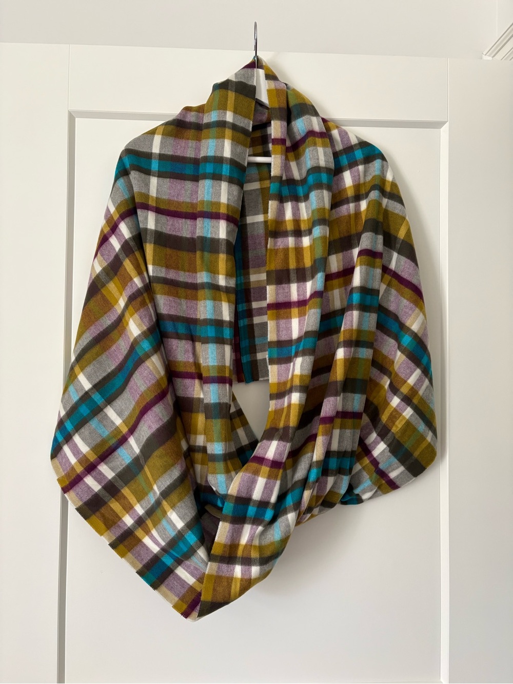 FRAAS Cashmink Plaid Scarf Golden Yellow, Plum, & Teal - Excellent Condition